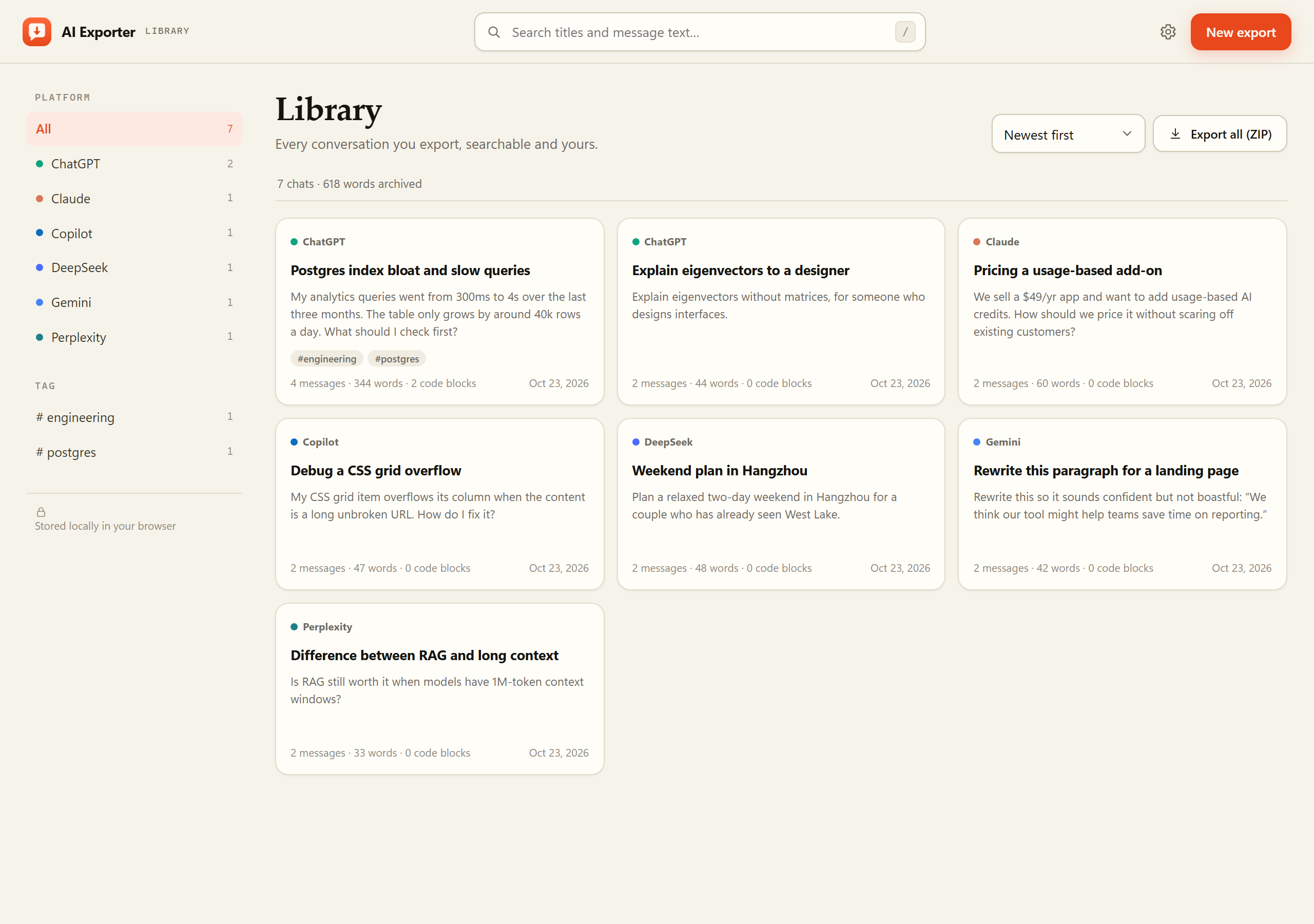 AI Exporter library with searchable conversation cards
