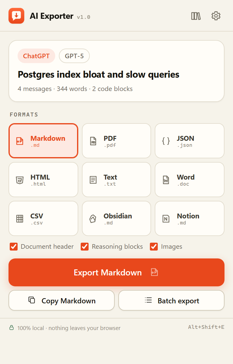 AI Exporter popup with formats and export button